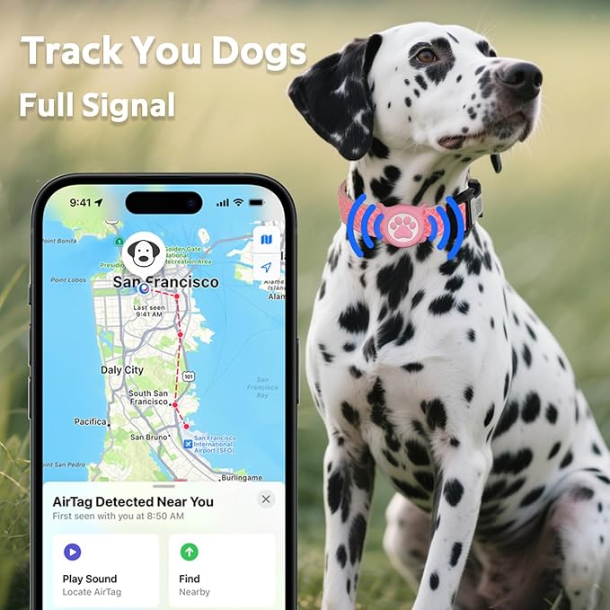 Dog Collar with Waterproof AirTag Holder & Anti-Lost QR Code, Cute Bling Warpping Adjustable Width for Small Medium Large Pet (Red, L)