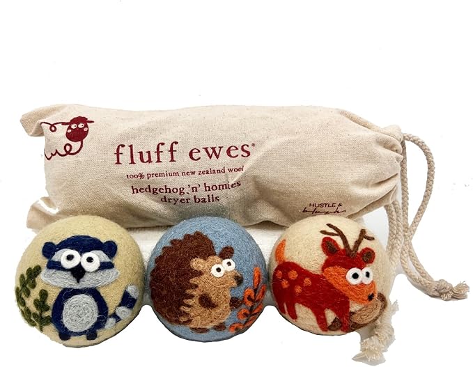 Fluff Ewes Wool Dryer Balls 3 Pack Premium New Zealand Wool Laundry Balls for Dryer, No Static Dryer Balls Laundry Reusable, XL Hedgehog Dryer Balls, Baby Dryer Balls for Dryers - Hedgehog and Homies
