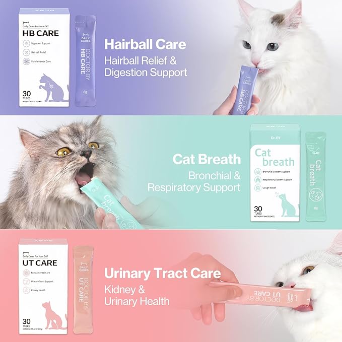 Dr.by HB Care Hairball Supplement for Cats– Hairball Relief Furball Control Remedy & Digestive Support Supplements with Omega-3, Chitosan-30 Individuallly Packaged (1 Pack, 30 Count)