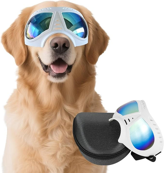 Dog Goggles for Medium-Large Breeds Windproof Anti-UV Pet Sunglasses with Adjustable Straps for Large Dog - White
