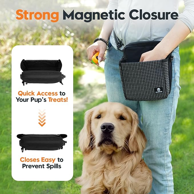 Dog Treat Pouch – Large Capacity with Magnetic Closure, Dog Walking Fanny Pack Built-in Poop Bag Dispenser, Clicker & Collapsible Bowl for Training & Walking - Black