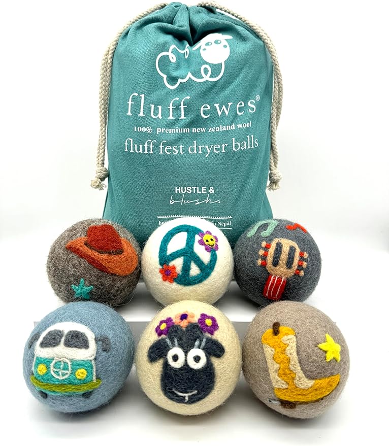 Fluff Ewes Wool Dryer Balls 6 Pack Premium New Zealand Wool Laundry Balls for Dryer, No Static Dryer Balls Laundry Reusable, XL Wool Dryer Balls Cute, Baby Dryer Balls for Dryers - Fluff Fest