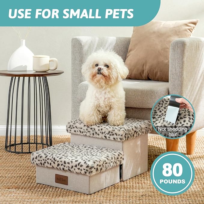 Dog Stair for Small Dogs with Storage, Foldable Pet Stairs for Medium or Puppy Dogs and Older Cats, Dog Steps for Bed or Couch with Soft Cover, 19.7x13x9.6 inch, 2 Tiers, Leopard