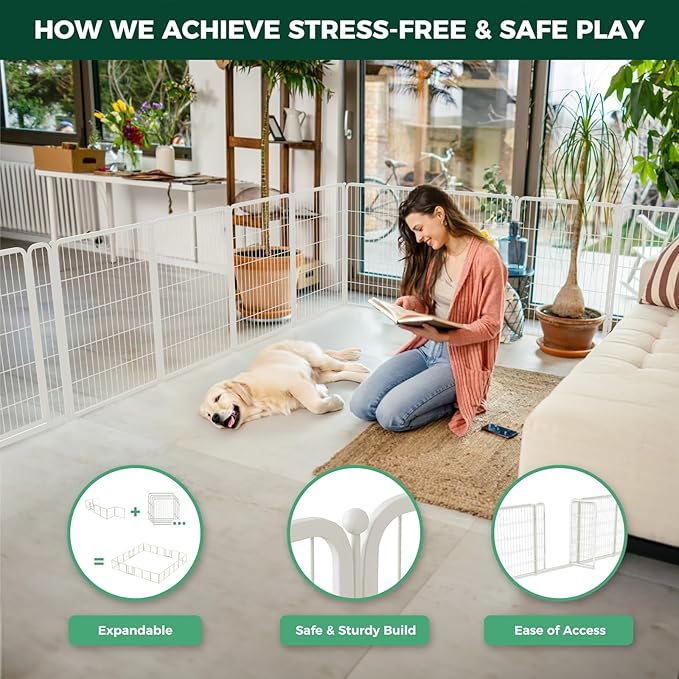 FXW Homeplus Unleashed Indoor Dog Playpen - Stress-Free and Safe Play, Heavy Duty 40 Inch 8 Wire Panels Dog Pen for Medium and Large Dogs, White│Patented