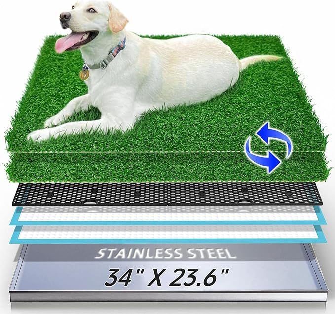 Dog Grass Pad with Tray, Reusable Large Artificial Turf Grass Potty and Puppy Pee Pads for Dogs, Portable Stainless Steel Dog Litter Box for Indoor/Outdoor Potty Training Toilet