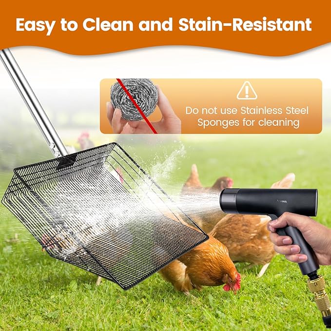 15 inch Extra Large Chicken Poop Scooper with Ergonomic Grip,5-in-1 Heavy Duty Adjustable Coop Scoop for Poop (24 to 68"), Stainless Steel Sifting Litter Shovel Scoop for Chicken Coop