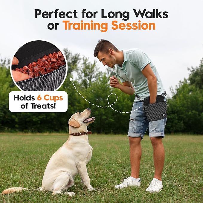 Dog Treat Pouch – Large Capacity with Magnetic Closure, Dog Walking Fanny Pack Built-in Poop Bag Dispenser, Clicker & Collapsible Bowl for Training & Walking - Black
