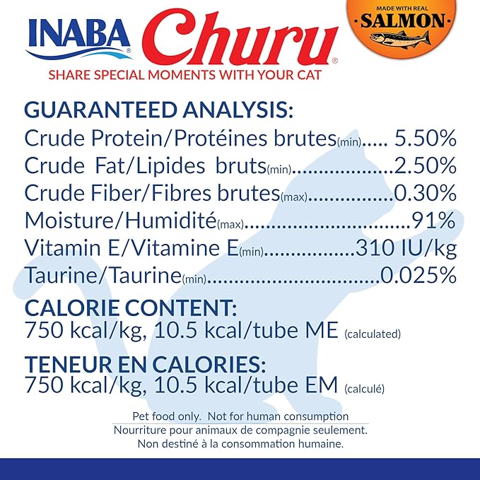 INABA Salmon Churu Cat Treats, Lickable, Squeezable Creamy Purée Cat Treat with Green Tea Extract & Taurine, 0.5 Ounces Each Tube, 24 Tubes (4 per Pack), Salmon Recipe with Scallop Flavor