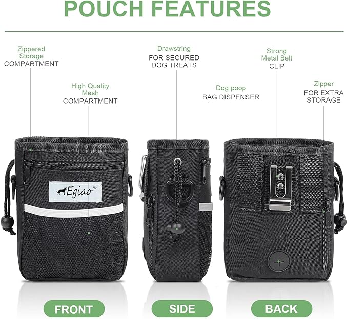 Dog Treat Pouch with Drawstring Closure, Puppy Training Bag, Built-in Pet Poop Bag Dispenser, Waist Belt Clip, 3 Ways to Wear