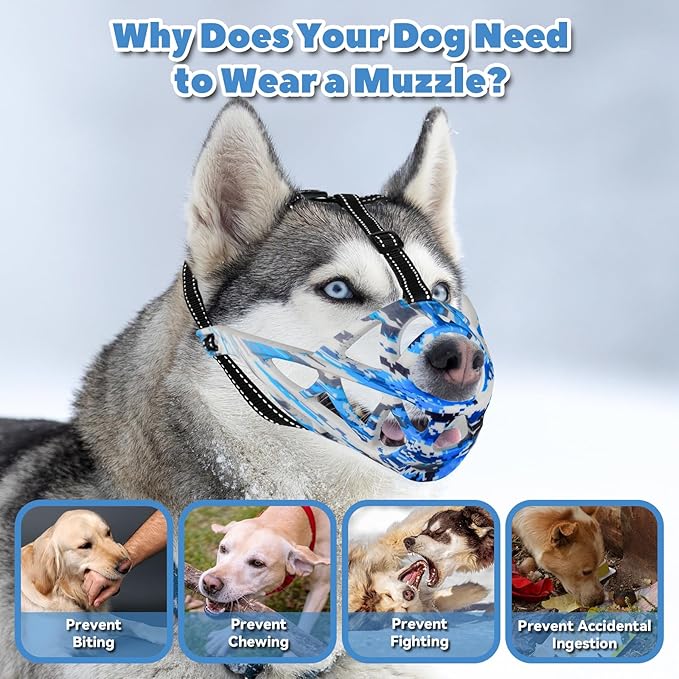 Dog Muzzle for Large Dogs, Medium and X-Large Aggressive Dog, Breathable Basket Muzzles, Suitable for Grooming Trimming Training, Allows Panting Drinking (Camouflage Blue, S)
