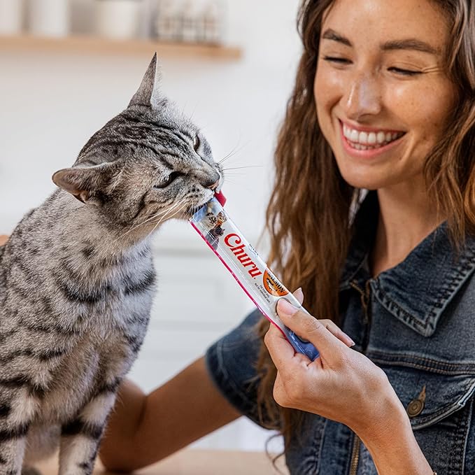 INABA Salmon Churu Cat Treats, Lickable, Squeezable Creamy Purée Cat Treat with Green Tea Extract & Taurine, 0.5 Ounces Each Tube, 24 Tubes (4 per Pack), Salmon with Tuna Recipe