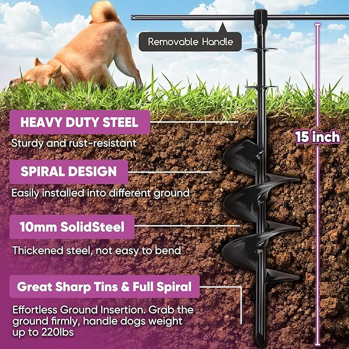 Dog Tie Out Stake for Large Dogs – Heavy Duty In-Ground Pet Anchor – Secure Tether Stake for Yard, Camping & Beach – Easy Install with Tool – Works with Tie Out Cable & Leash (Stake Only)