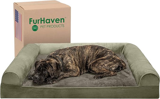 Furhaven Orthopedic Dog Bed for Large Dogs w/ Removable Bolsters & Washable Cover, For Dogs Up to 125 lbs - Faux Fur & Velvet Sofa - Dark Sage, Jumbo Plus/XXL