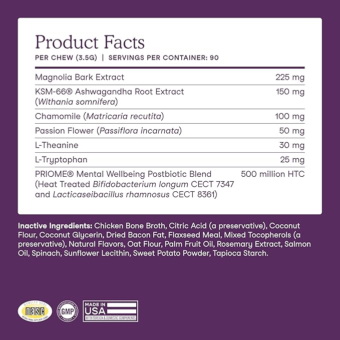 Fera Pets Dog Calming Chews with Ashwagandha & Priome® Mental Wellbeing Postbiotic Blend - Supports Anxiety Relief - Promotes Relaxation - 90 Soft Chews