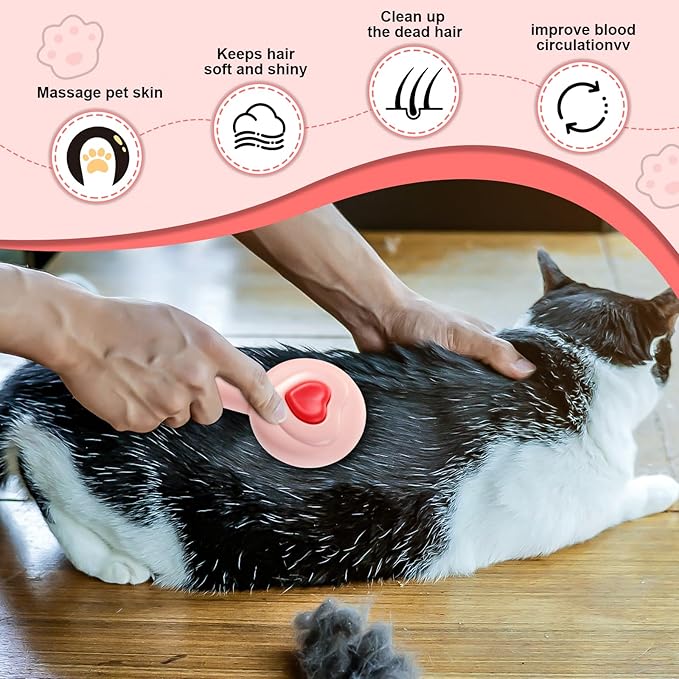 New cat brush&dog brush,pet hair brush with Self Cleaning Button Easy to remove loose undercoat，Needle-tip massage beads, no harm to the skin,Lovely Heart Series(Pink)