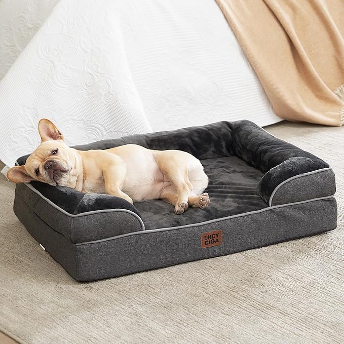 EHEYCIGA Orthopedic Dog Bed for Medium Dogs, Waterproof Memory Foam Medium Pet Beds with Sides, Non-Slip Bottom and Egg-Crate Foam Dog Couch Bed with Washable Removable Cover, Dark Grey