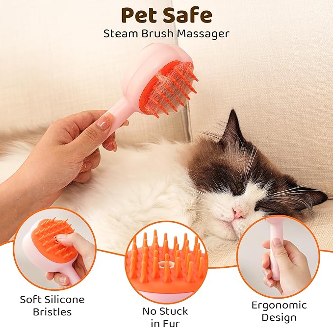 Steam Cat Brush, 6-in-1 Dog Brush Spritz Defur Comb, Steamy Skin Friendly Deshedding Grooming Tool, Suitable for Shedding & Haired Pets, Pet Supplies Accessories,Pink