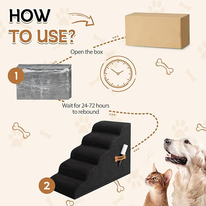 Dog Stairs, Romrol Dog Steps Ramp for High Bed and Couch, Dogs Ramp with Durable Non-Slip Waterproof Fabric Cover, Pet Stairs for Small Dogs and Cats or Pets Joints, 4-TiersBlack