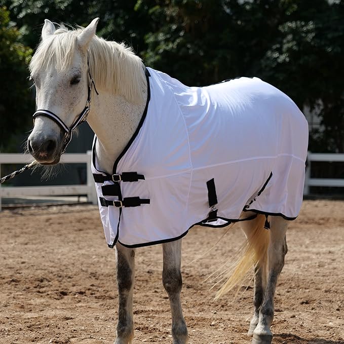 Horse Fly Sheet Equine Summer Sheets, Comfy Mesh Bug and Mosquito Protection Standard Neck - White 75"