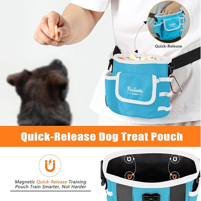 Dog Treat Pouch with Quick-Release Magnetic Closure, 3-Way Wear Treat Bags, 900D Waterproof Fabric, 4 Storage Spaces, Treat Pouch for Pet Training Walking (Blue)