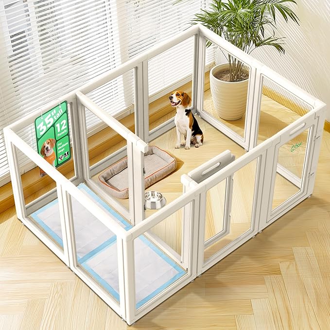 FXW AuraSpace Acrylic Indoor Unleashed Dog Playpen for Medium Dogs, 35 Inch, 12 Panels, White