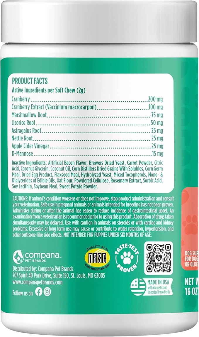Doggie Dailies Cranberry Supplement for Dogs Bacon Flavored - Urinary Tract, Bladder & Kidney Support for Dogs - Cranberry with Marshmallow Root, Licorice Root & Apple Cider Vinegar, 225 Soft Chews
