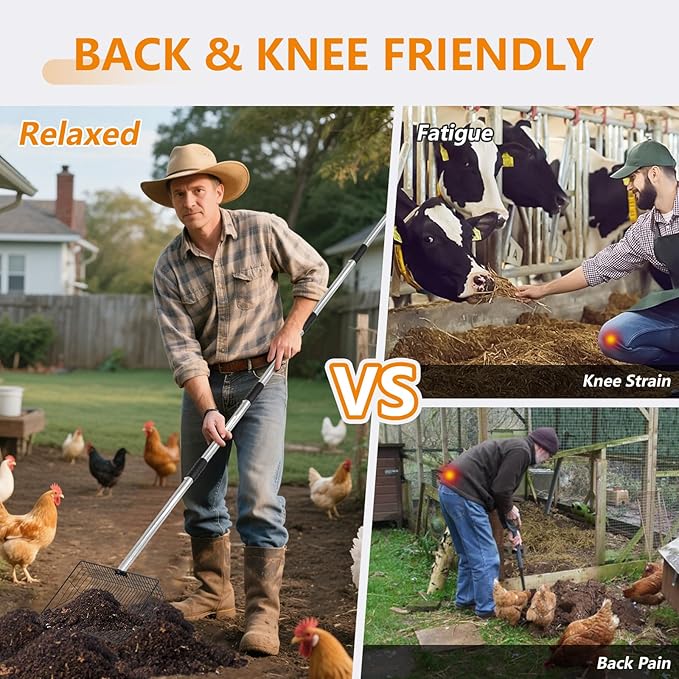 10inch Large Chicken Poop Scooper,36 to 67" Adjustable Long Chicken Coop Litter Metal Scoop with Stainless Steel Handle,5-in-1 Detachable Poop Shovel for Sand,Pet,Chicken,Cat Cleaning Tools.