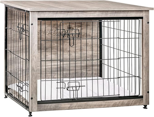DWANTON Dog Crate Furniture with Cushion, Wooden Kennel Table with Double Doors, Indoor Dog House, Medium Size, 32.5" L, Greige