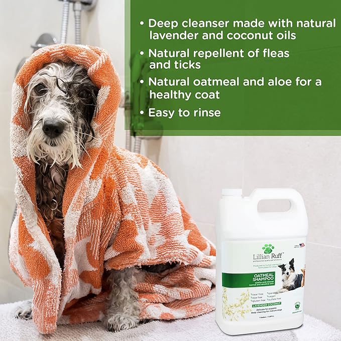 Lillian Ruff Calming Oatmeal Pet Shampoo for Dry Skin & Itch Relief with Aloe & Hydrating Essential Oils - Replenish Moisture & Deodorize - Tearless Dog Shampoo for Normal/Sensitive Skin (Gallon)
