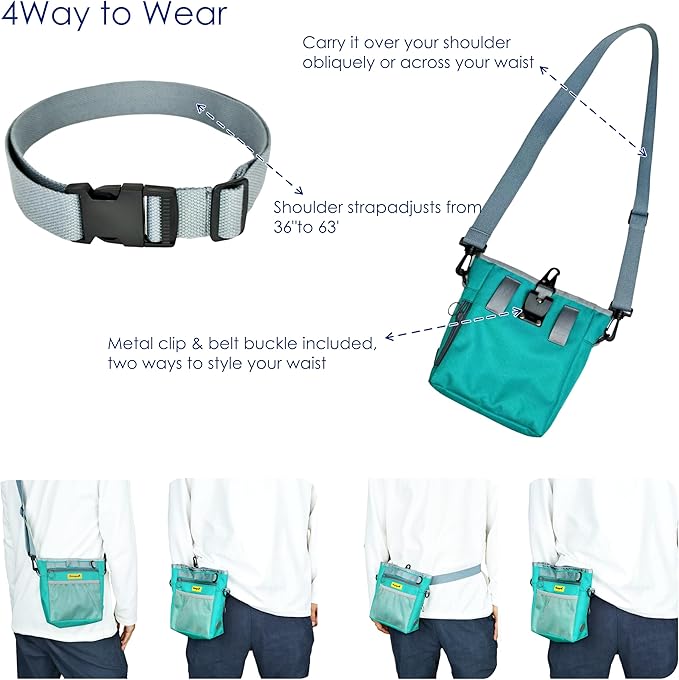 Dog Treat Pouch with Magnetic Closure 4-Cup Silicone Bag Fanny Pack Holder with Clicker 4 Ways to Wear Front Pocket Fits All Phones Ideal for Leash, Pet Walking and Training（Green）