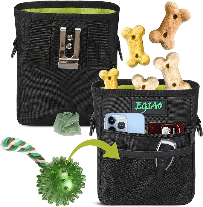 Dog Treat Pouch with Collapsible Dog Bowl, Training Clicker and Poop Bags, Treat Pouches for Pet Training, Built-in Poop Bag Dispenser, Waist Belt Clip, Puppy Treat Pouch Magnetic Closure - Black