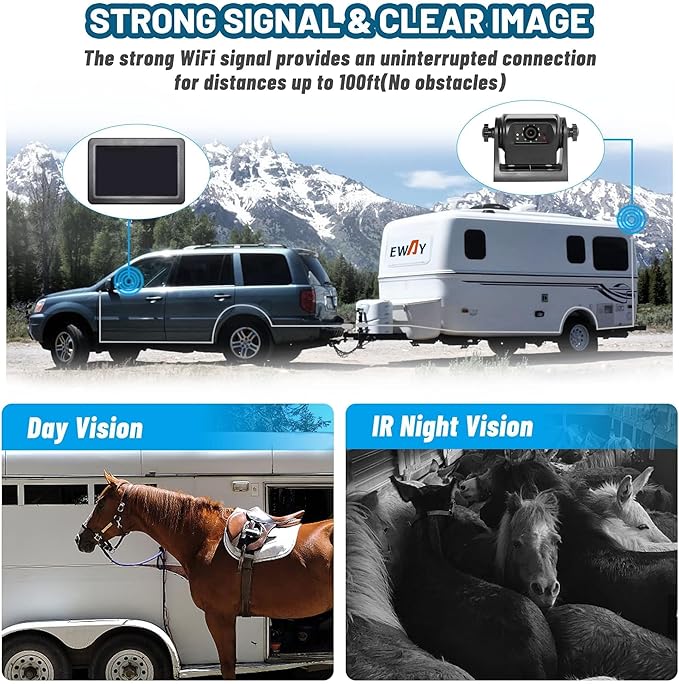 EWAY Wireless WiFi Magnetic Hitch Backup Camera 1080P HD Rechargeable Battery Powered No Wiring Rear View Reverse Monitoring Camera for Car Truck Pickup RV Camper 5th Wheel Horse Trailer Boat Trailer