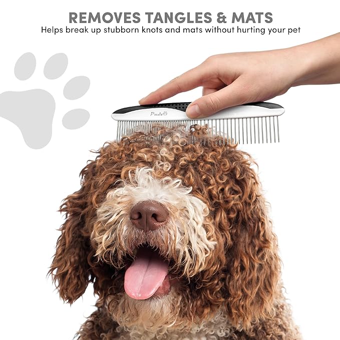 Poodle Pet Dog Combs for Grooming | 2 Pack | Stainless Steel Teeth Easily Remove Dirt | Proper Care Prevents Knots and Mats for Long and Short Haired Pets | Anti-Slip Comfort Grip Handle (Black)