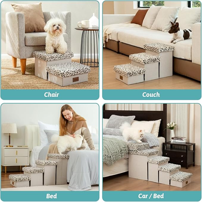 Dog Stair for Small Dogs with Storage, Foldable Pet Stairs for Medium or Puppy Dogs and Older Cats, Dog Steps for Bed or Couch with Soft Cover, 19.7x13x9.6 inch, 2 Tiers, Leopard
