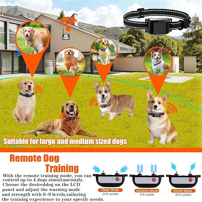 Dog Wireless Fence & Remote Shock Dog Training Collar 2-in-1, Electric Dog Fence, Adjustable Warning Strength & Range Sizes, Rechargeable Pet Boundary Containment System for 1/2/3/4 Dogs,for2dogs