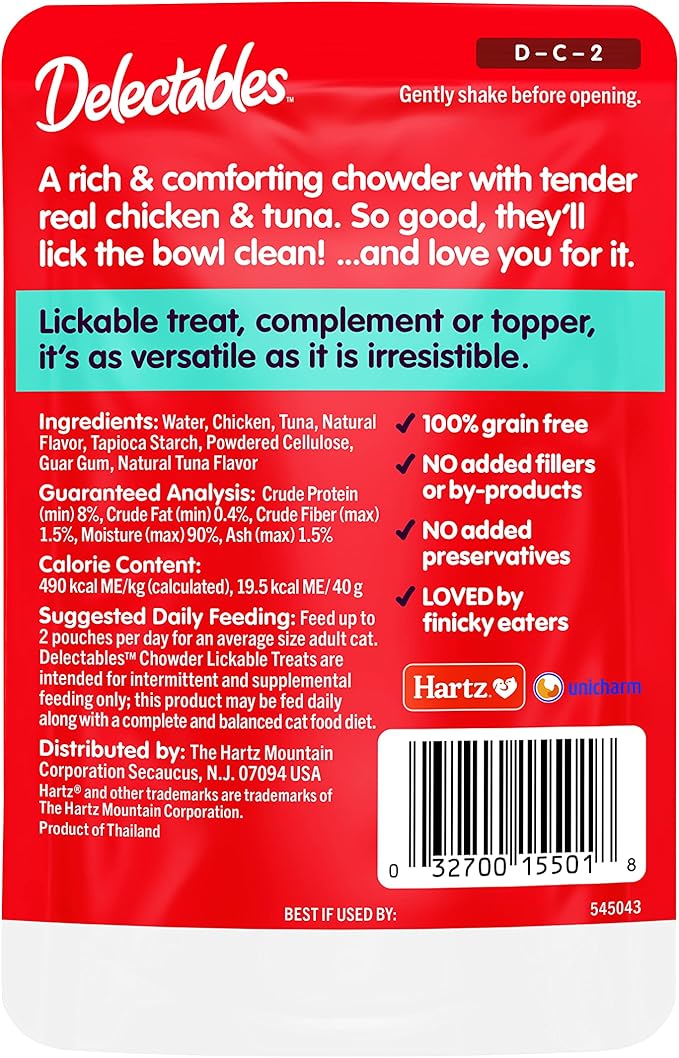 Hartz Delectables Chowder Lickable Wet Cat Treats for Kitten, Adult & Senior Cats, Chicken & Tuna, 1.4 Ounce (Pack of 12)