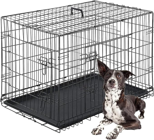 FDW Dog Crate for Large Dogs 42 Inch Folding Metal WirePet Cage Double Door W/Divider Panel Indoor Outdoor Kennel Leak-Proof Plastic Tray,Black