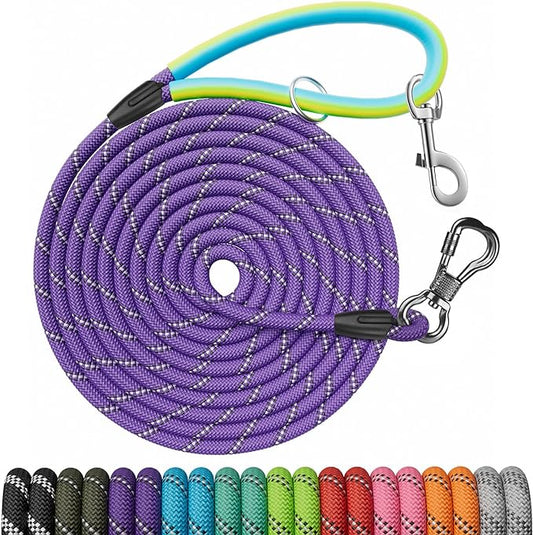 NTR Dog Rope Leash, 10FT Recall Training Lead, with 2 Swivel Hooks, Reflective Threads and Soft Rubber Handle, Puppy Leash for Walking, Hunting, Camping for Small Medium and Large Dogs-Purple