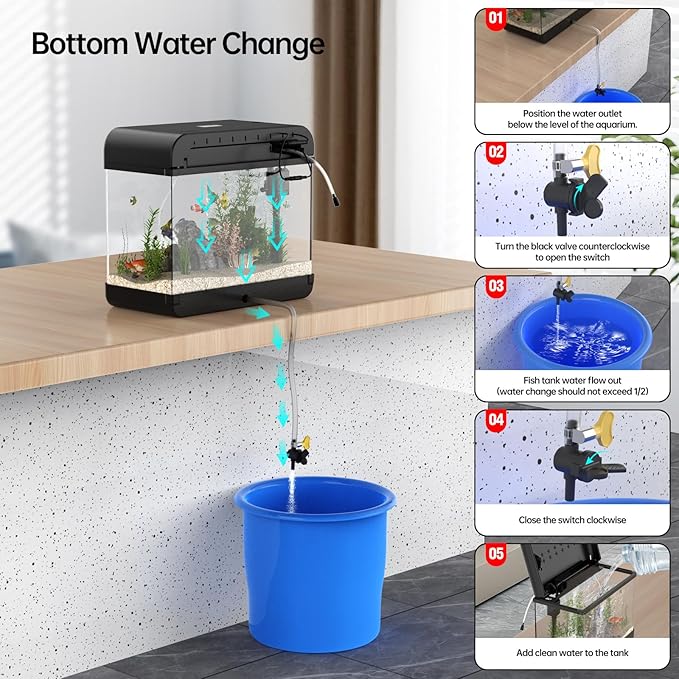 Fish Tank Aquarium 6.3 Gallon Fish Bowl with Music Humidifier 7 Color Auto-Looping Light Adjustable Quiet Pump, Temperature Display, Bottom Water Changer, HD Float Glass, Leak-Proof Thickened Base