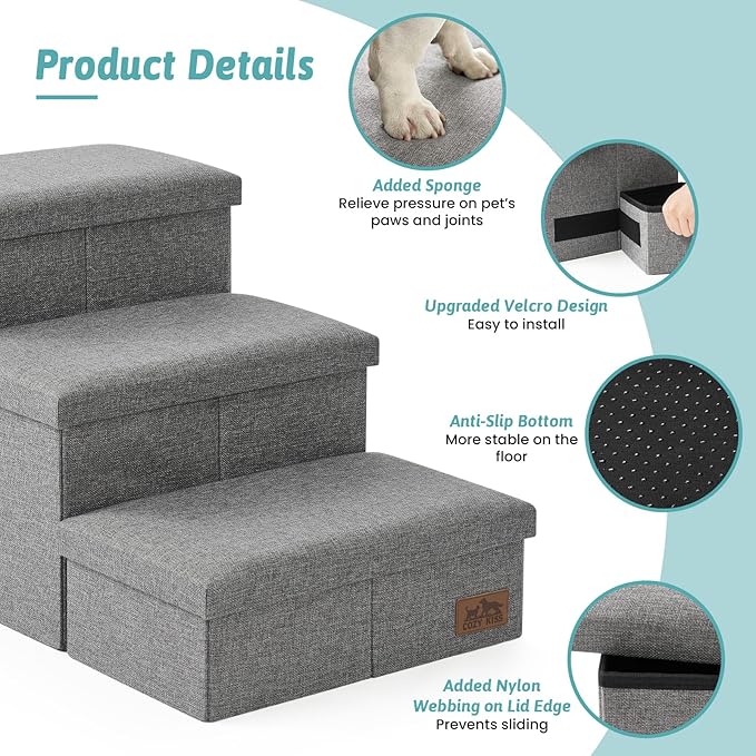Dog Stairs with Storage, 4-Step Wider Sturdy Dog Steps for Small/Medium/Large Dogs and Older Cats, Folding Doggie Ramp for Bed/Couch/Car Hold Up to 180 lbs (22" H, Grey)
