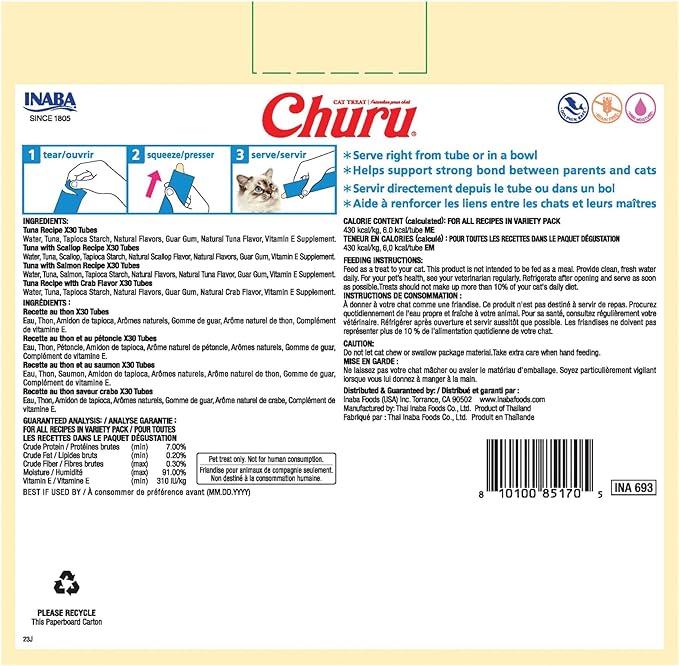 INABA Churu Cat Treats, Lickable, Squeezable Creamy Purée with Vitamin E, 0.5 Ounces per Tube, 120 Tubes Total, Tuna Variety