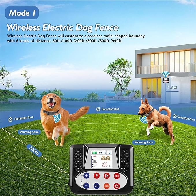 Dog Wireless Fence & Remote Shock Dog Training Collar 2-in-1, Electric Dog Fence, Adjustable Warning Strength & Range Sizes, Rechargeable Pet Boundary Containment System for 1/2/3/4 Dogs,for3dogs