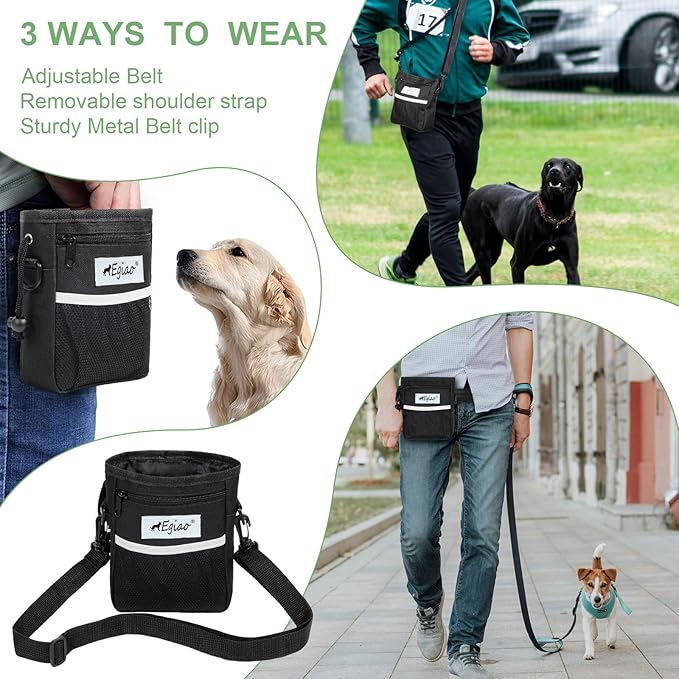 Dog Treat Pouch with Drawstring Closure, Puppy Training Bag, Built-in Pet Poop Bag Dispenser, Waist Belt Clip, 3 Ways to Wear