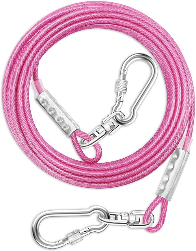 Dog Tie Out Cable for Outside,15FT Long Dog Leash&Chains with Swivel Hook,Small-Large Dogs Runner Cable for Yard,Heavy Duty Dogs Lead Line for Outdoor and Camping (500lbs 15FT, Pink)