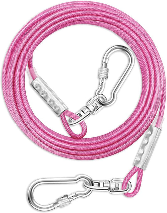 Dog Tie Out Cable for Outside,15FT Long Dog Leash&Chains with Swivel Hook,Small-Large Dogs Runner Cable for Yard,Heavy Duty Dogs Lead Line for Outdoor and Camping (500lbs 15FT, Pink)