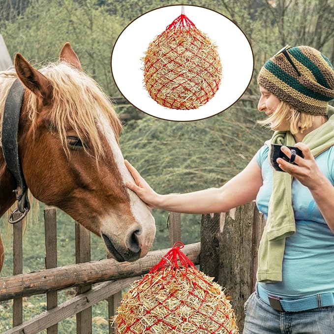 Fabbay 4 Pcs Slow Feed Hay Net Feeder Hay Bag for Horses Slow Feeder 40 Inch Length with 2 Inch Holes Hanging Horse Feed Net for Goat Cattle Equine Stalls Barn Supplies(Red)