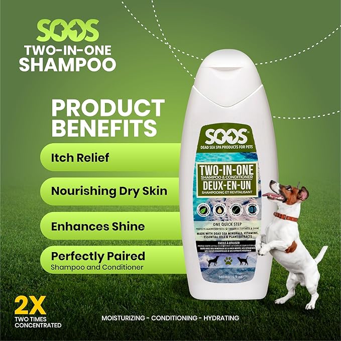 Soos Pet Dog Shampoo and Conditioner for Cats and Pets Natural Dead Sea Minerals Two-in-One Deeply Absorbing with Essential Oils Natural Ingredients Vitamins Antifun-gle - 1x Pack (500ml)