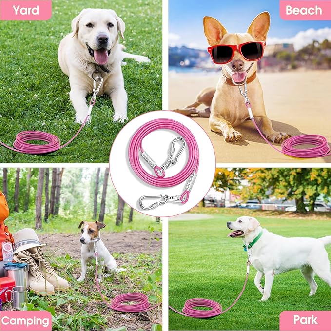 Dog Tie Out Cable for Outside,15FT Long Dog Leash&Chains with Swivel Hook,Small-Large Dogs Runner Cable for Yard,Heavy Duty Dogs Lead Line for Outdoor and Camping (500lbs 15FT, Pink)