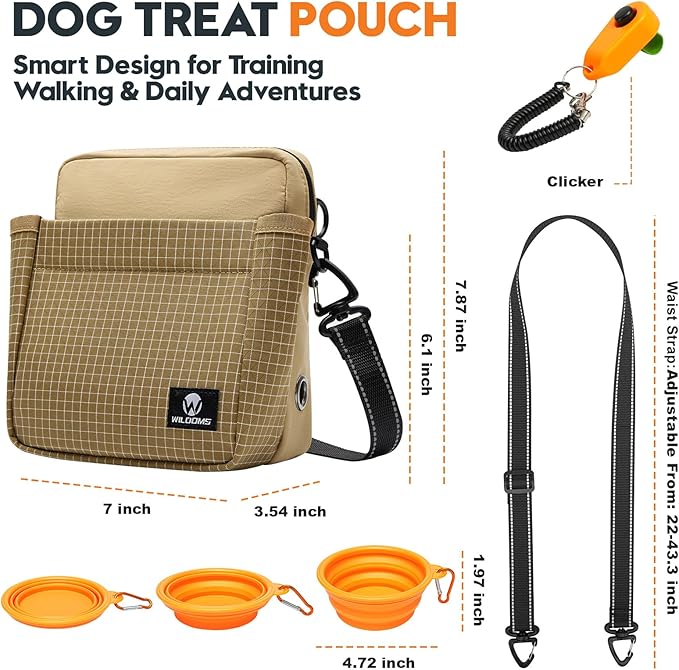 Dog Treat Pouch – Large Capacity with Magnetic Closure, Dog Walking Fanny Pack Built-in Poop Bag Dispenser, Clicker & Collapsible Bowl for Training & Walking - Khaki