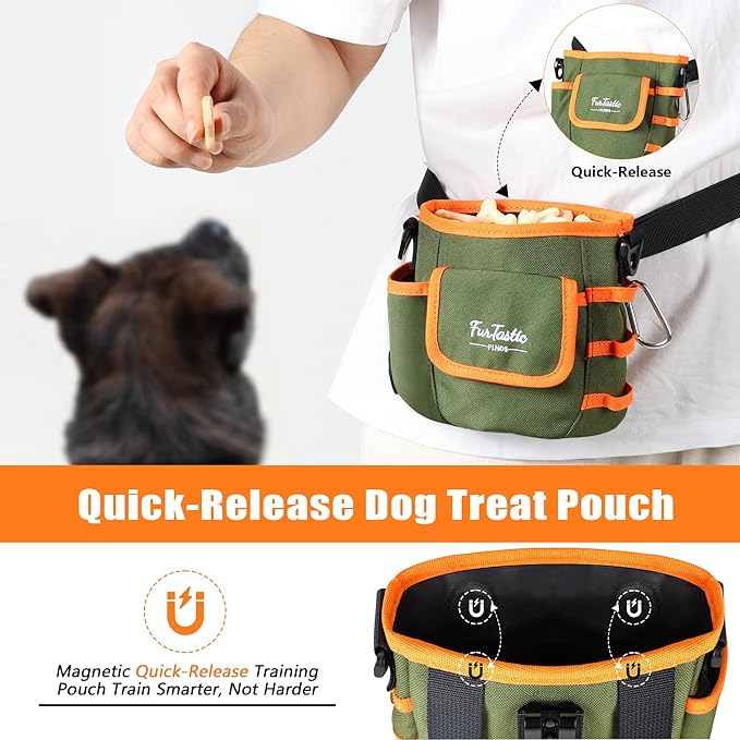 Dog Treat Pouch with Quick-Release Magnetic Closure, 3-Way Wear Treat Bags, 900D Waterproof Fabric, 4 Storage Spaces, Treat Pouch for Pet Training Walking (Green)